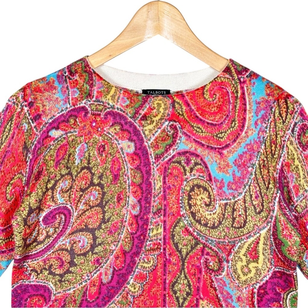 TALBOTS 100% Cashmere Paisley Printed 3/4 Sleeve Sweater - Picture 4 of 9